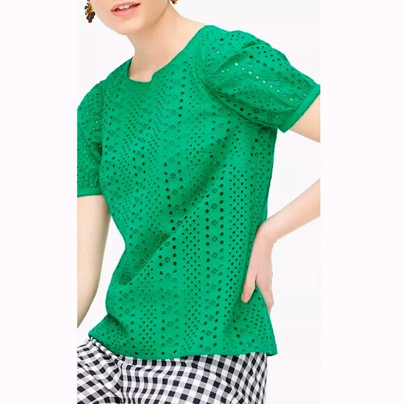 "5/$35" Beautiful Emerald Green Eyelet Puff-Sleeve Top From J. Crew - Picture 3 of 10